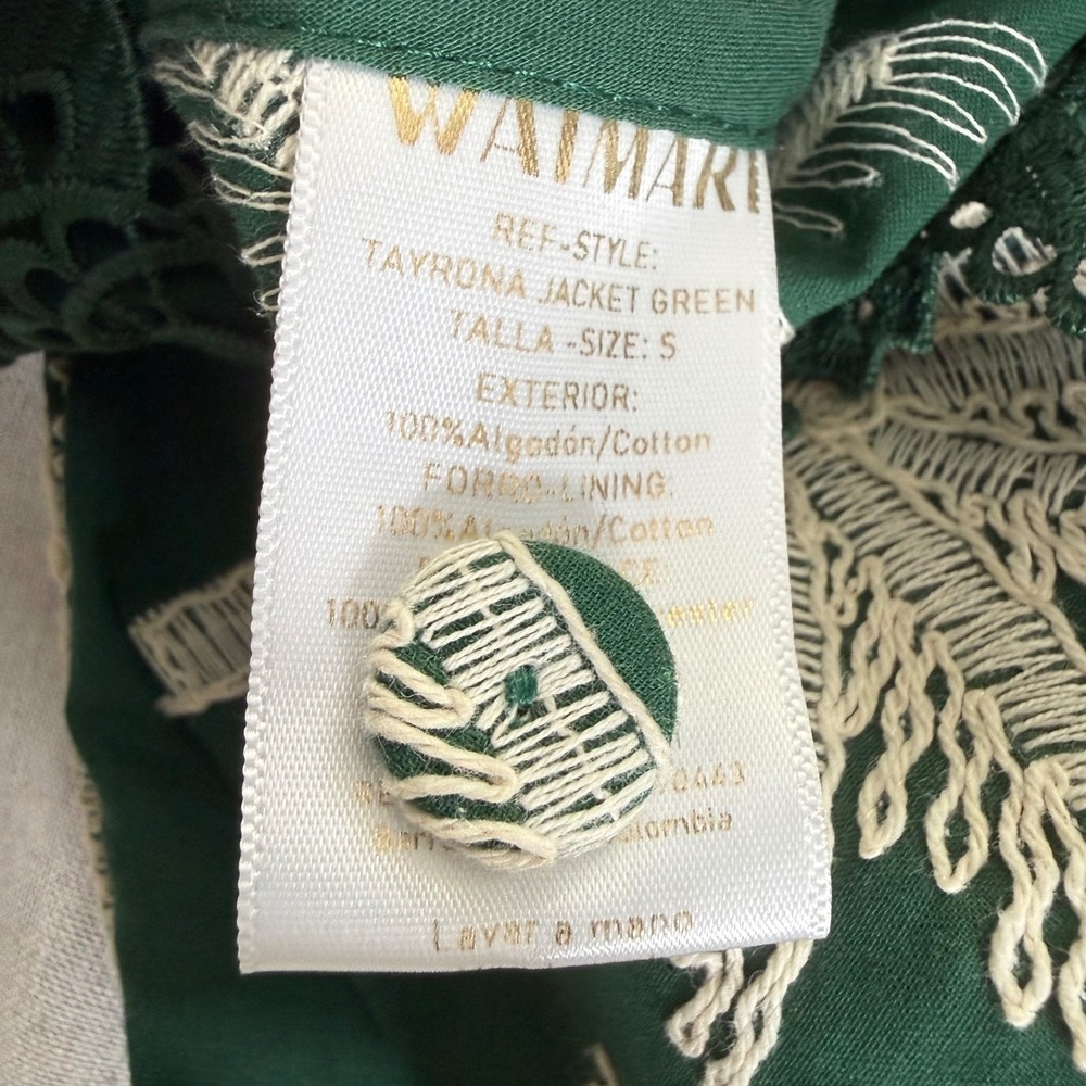 WAIMARI Tayrona Palm Tree Embroidered Cotton Lace Jacket Green Small Resort Chic - Picture 8 of 13